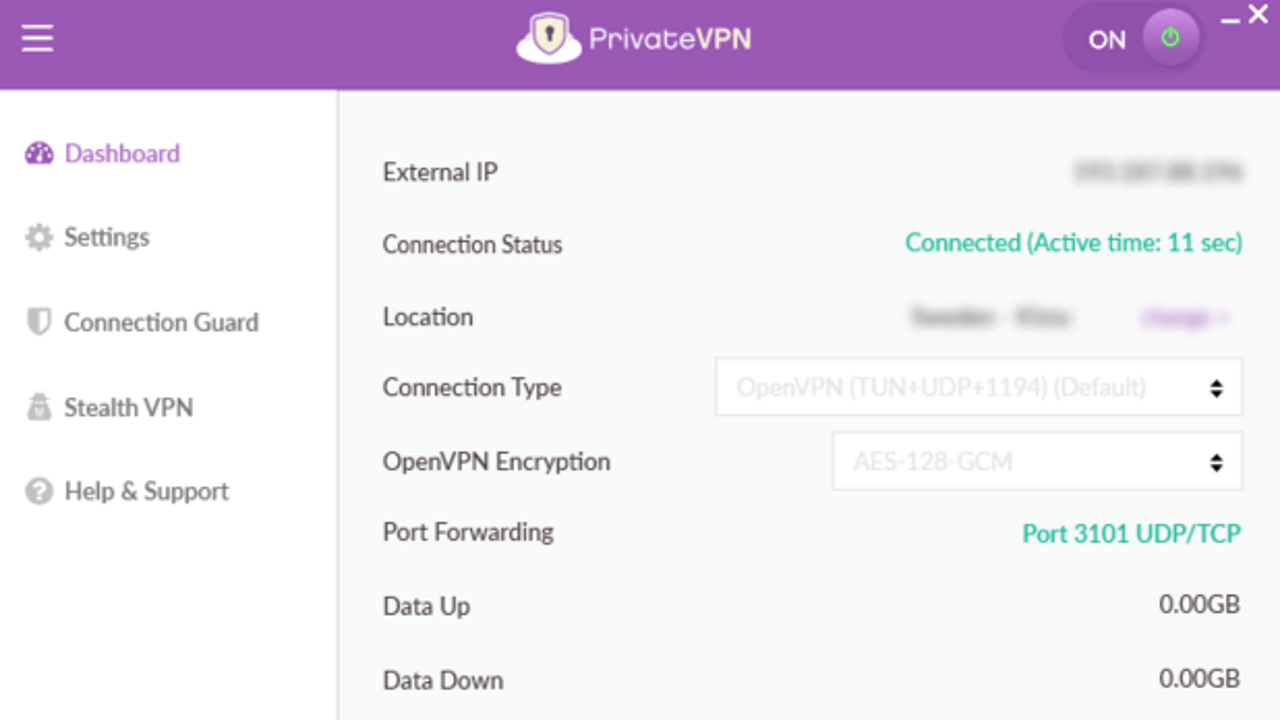 PrivateVPN user interface