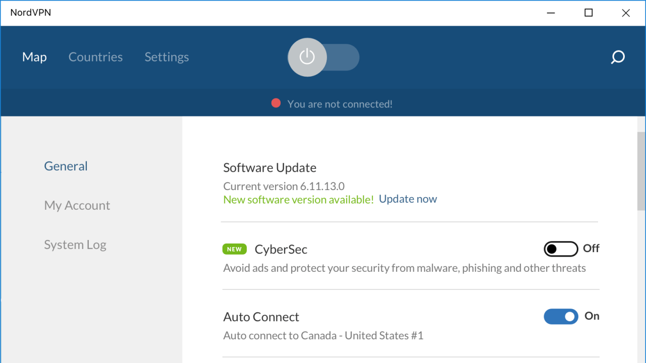 The front tab of NordVPN’s software